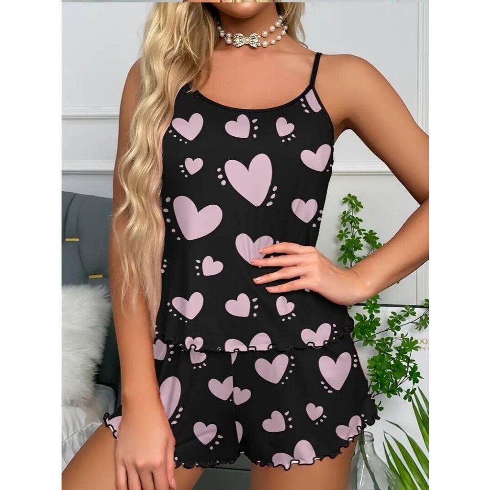 2 Piece Sexy Sleepwear Pajamas Nightwear PJ's Lingerie Hearts Women's - Picture 4 of 6